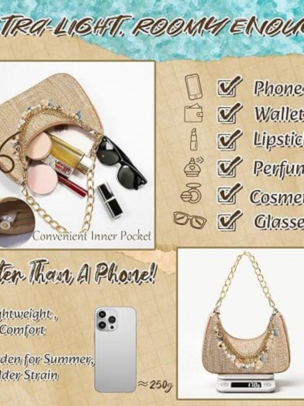 Beach Purse Straw Shoulder Bag for Women Summer Beaded Bag for Vacation Travel w - Picture 6 of 7